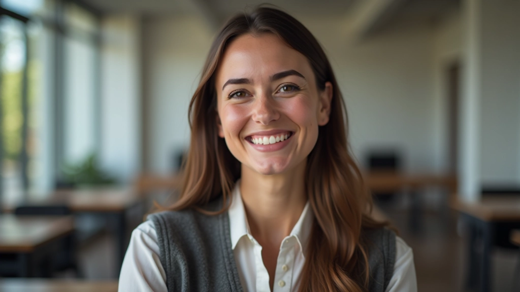 Professora de inglês em ambiente de aula, sorriso amigável, profissional e acessível