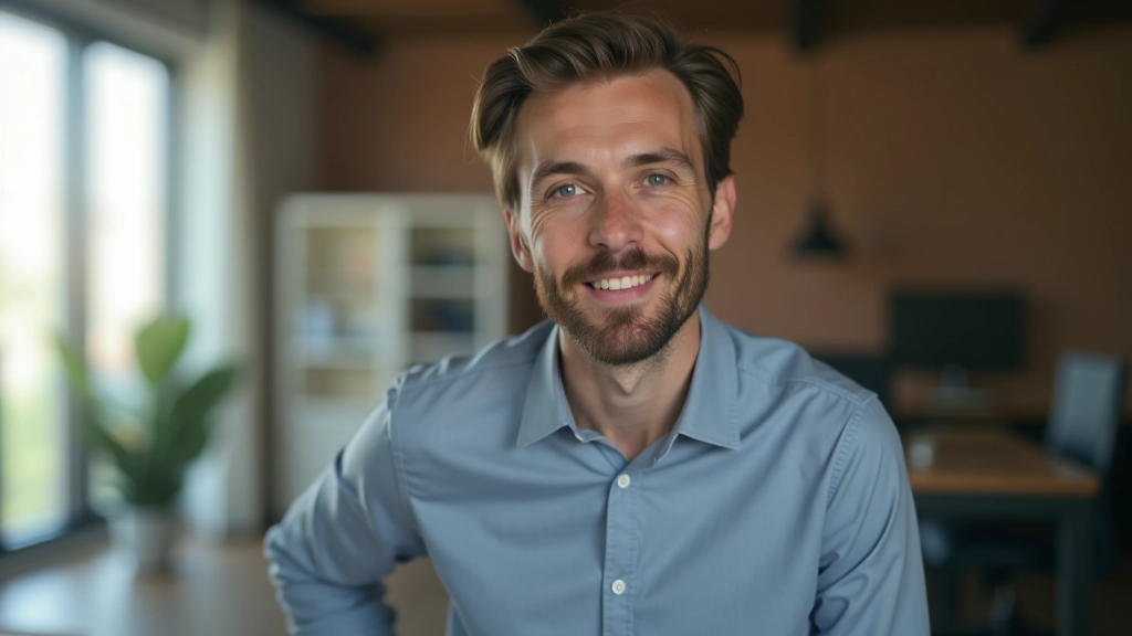 Instrutor de inglês em ambiente profissional, expressão atenta e dedicada