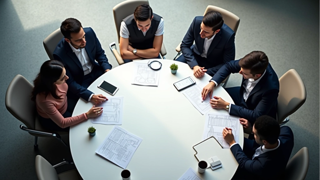Pessoas em volta de uma mesa de conferência, debatendo ideias com notas e diagramas visíveis