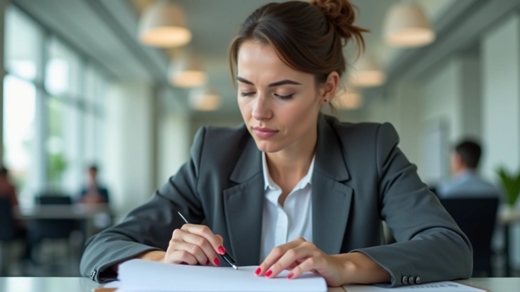 Mulher pensativa em ambiente de trabalho, olhando para notas e organizando pensamentos